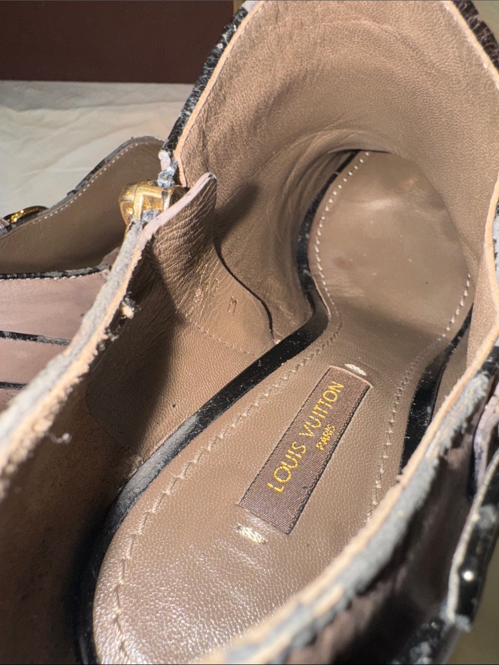 Authr Louis Vuitton Taupe Peep-Toe Leather Ankle Booties with Gold-Tone Buckle - Picture 11 of 15